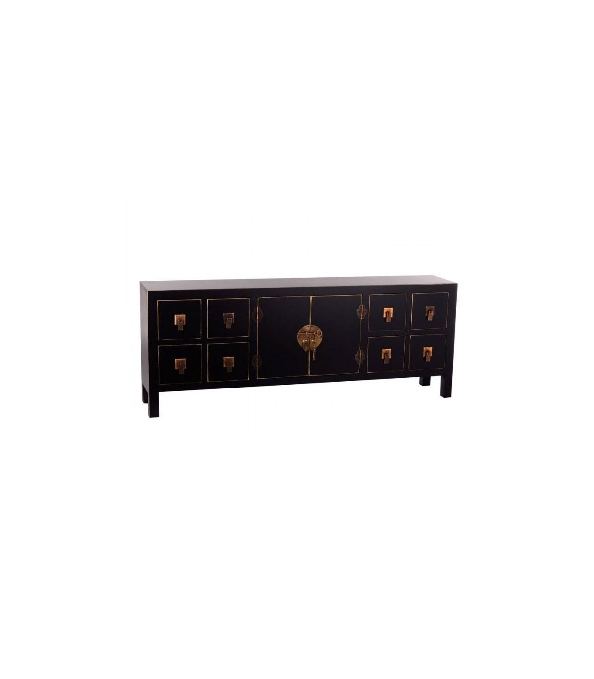 wadiga Buffet Chinoiserie en Bois Noir et Doré 1 Porte et 8 Tiroirs