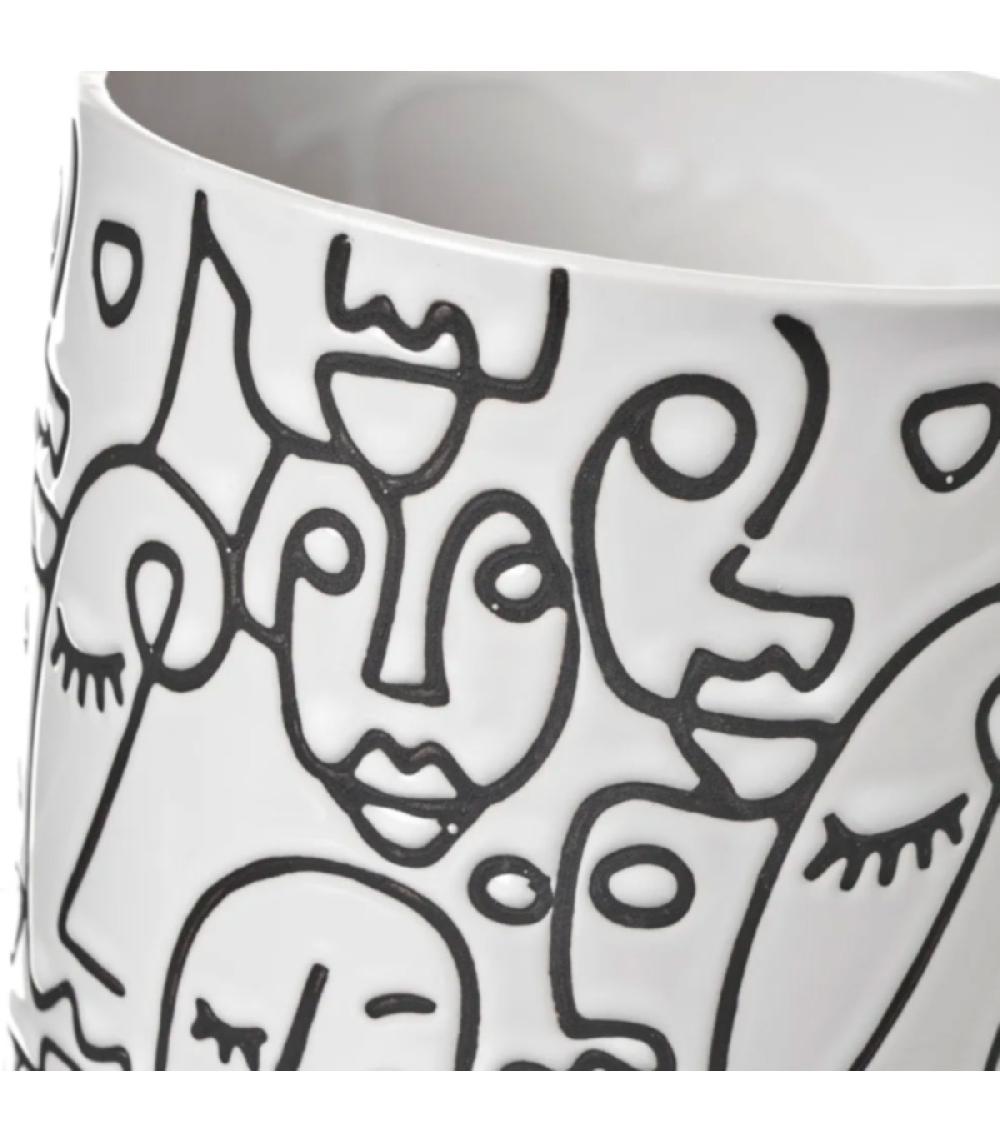 Wadiga Cache-pot En Grès Noir Et Blanc Motifs Visages