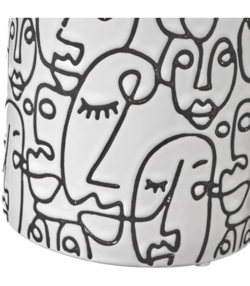 Wadiga Cache-pot En Grès Noir Et Blanc Motifs Visages