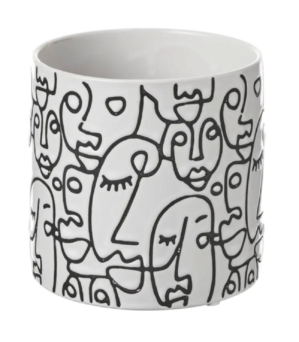 wadiga Cache-pot en grès noir et blanc motifs visages