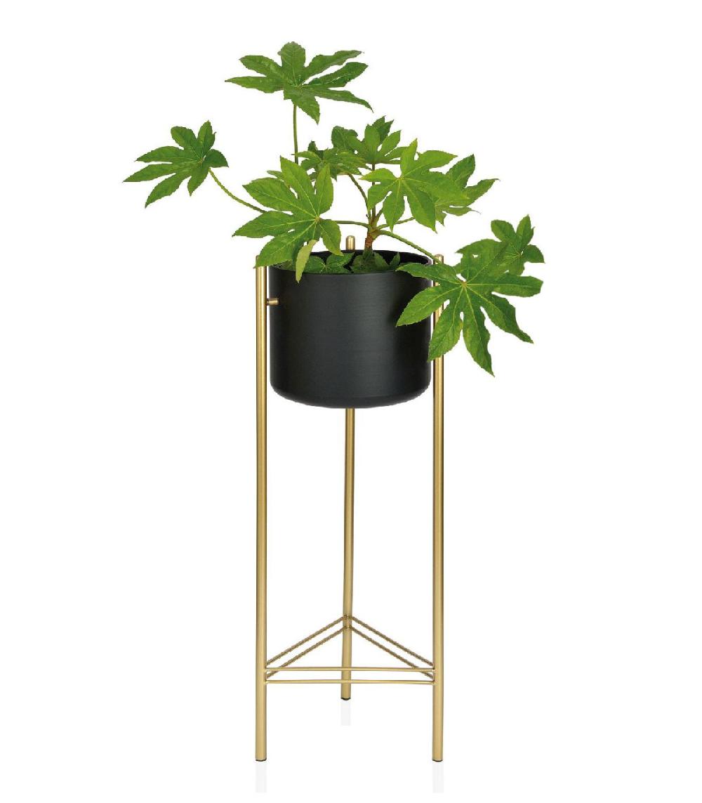 wadiga Cache-pot sur Pied en Métal Doré et Pot Noir - Hauteur 66cm