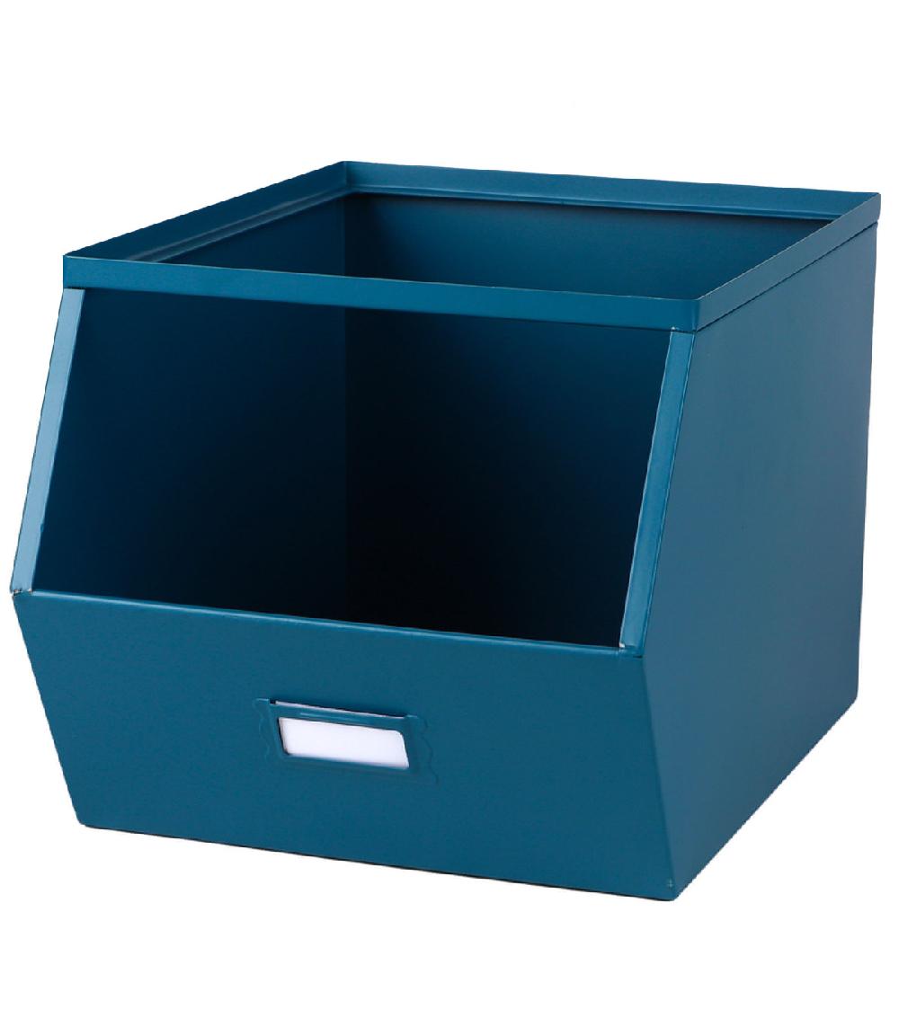 wadiga Casier de rangement en métal bleu empilable avec étiquette 32x23x21cm