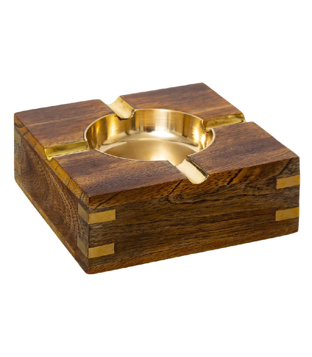 wadiga Cendrier en bois de mangue et laiton doré 10x10x4cm