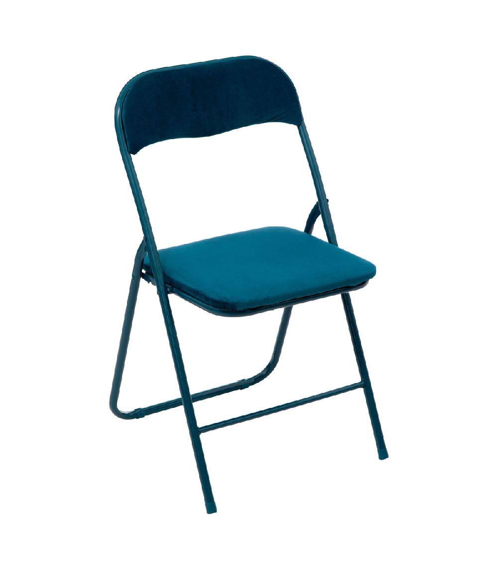 wadiga Chaise d'appoint pliante en métal et velours bleu - 44x48.5x79cm