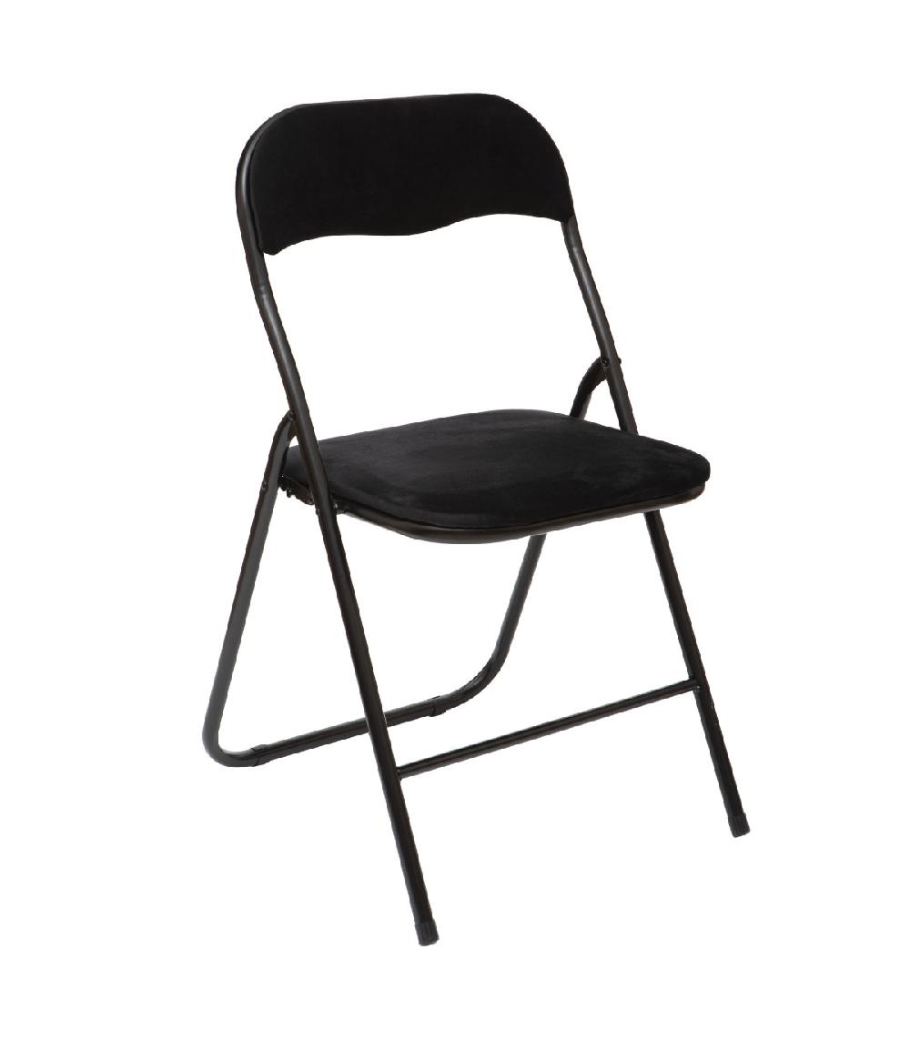 wadiga Chaise d'appoint pliante en métal noir et velours noir - 44x48.5x79cm