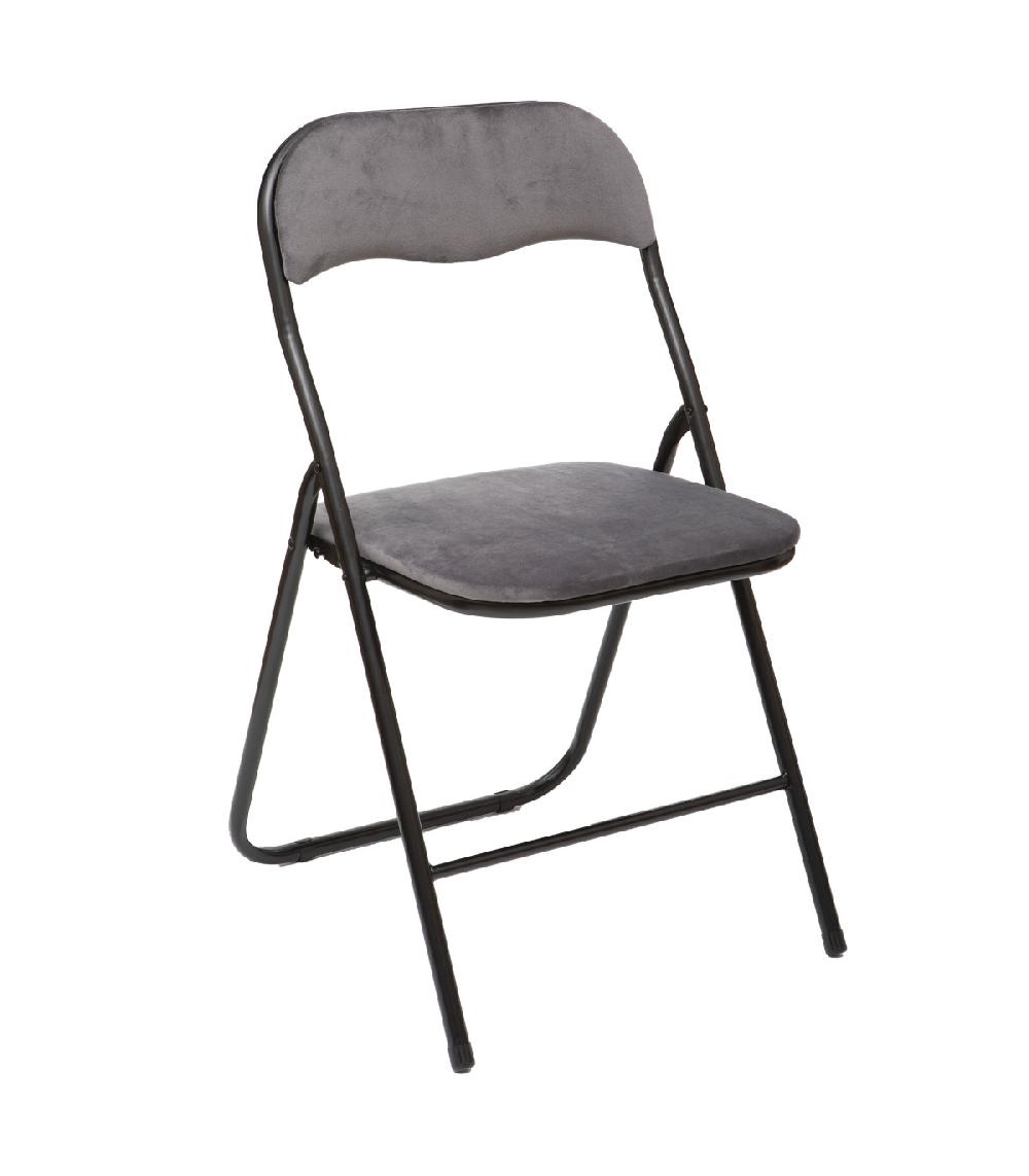 wadiga Chaise d'appoint pliante en métal noir et velours gris - 44x48.5x79cm