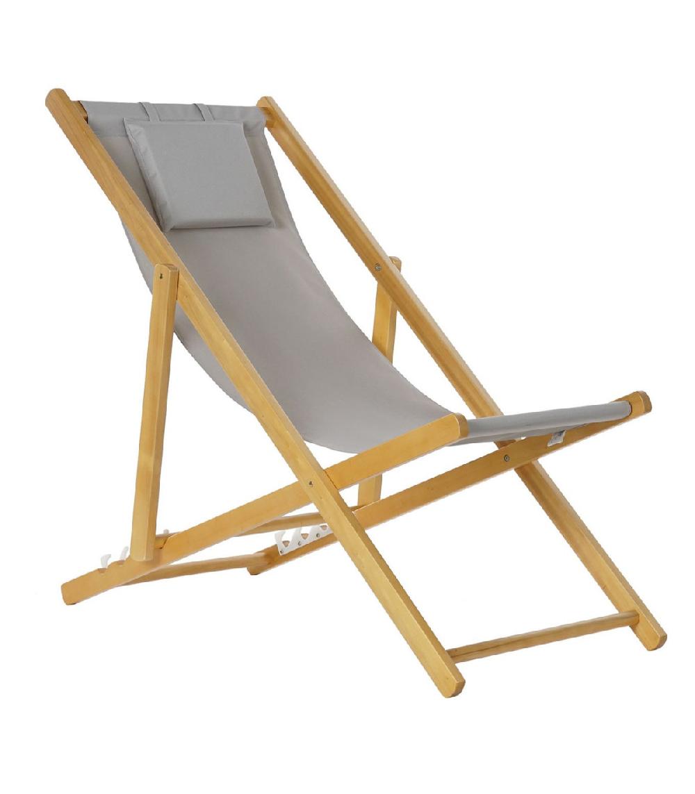 wadiga Chaise longue pliante chilienne en bois et tissu gris - 57.5x113x77cm