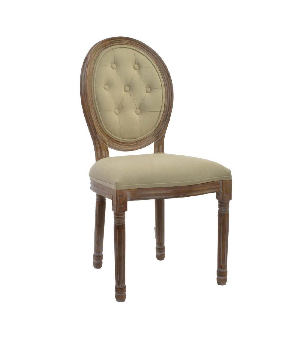 wadiga Chaise médaillon bois et lin beige - 48x46x96cm