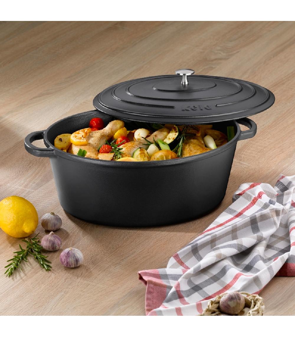 Wadiga Cocotte En Fonte émaillée Noire Ovale Avec Couvercle 6 5L