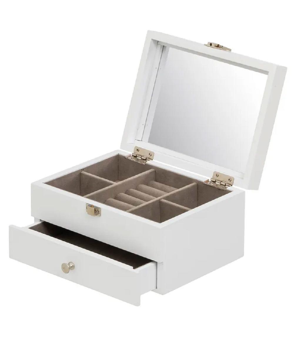Wadiga Coffret à Bijoux En Bois Blanc Taillé Et Miroir 19x14x10cm