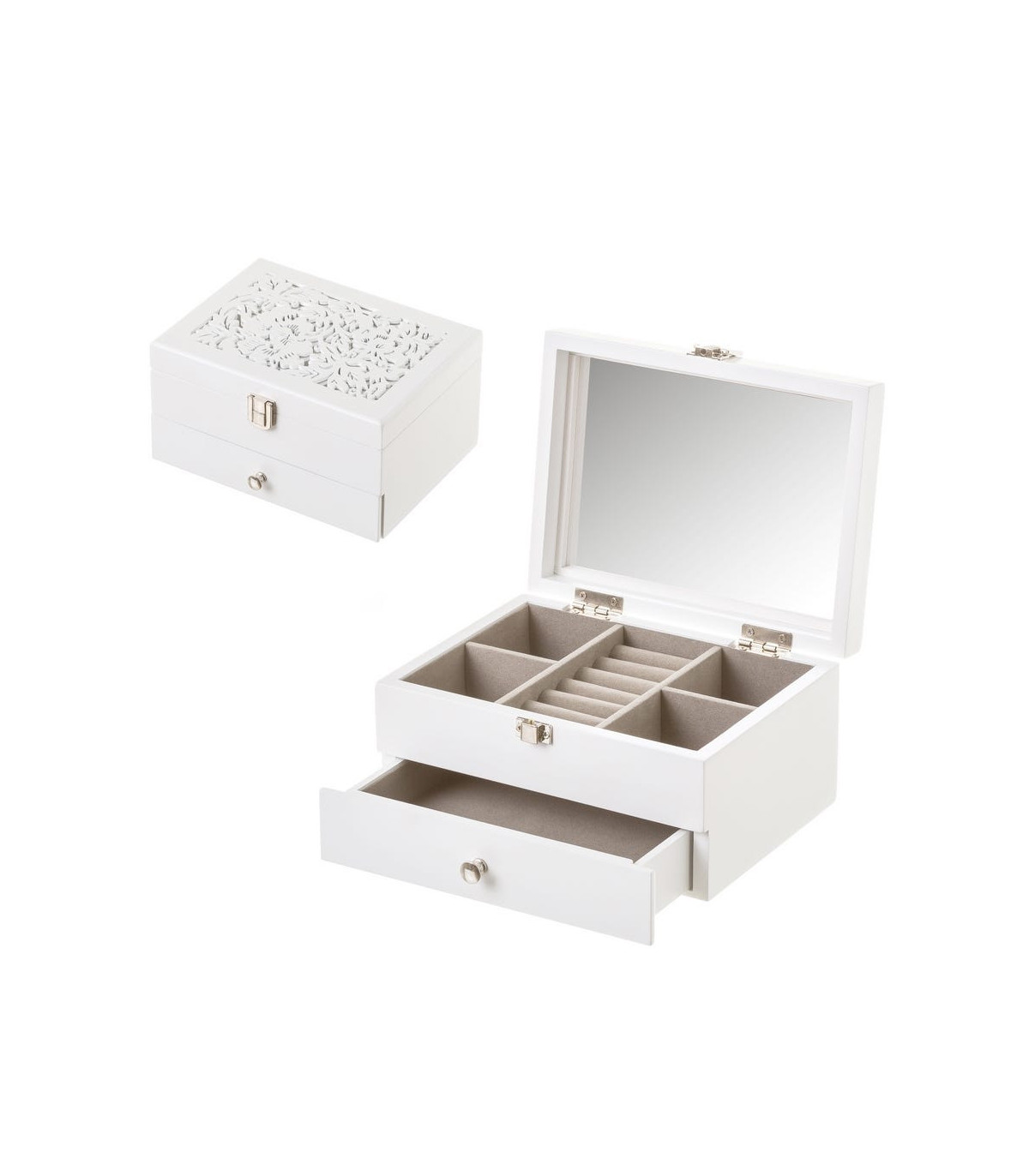 Wadiga Coffret à Bijoux En Bois Blanc Taillé Et Miroir 19x14x10cm