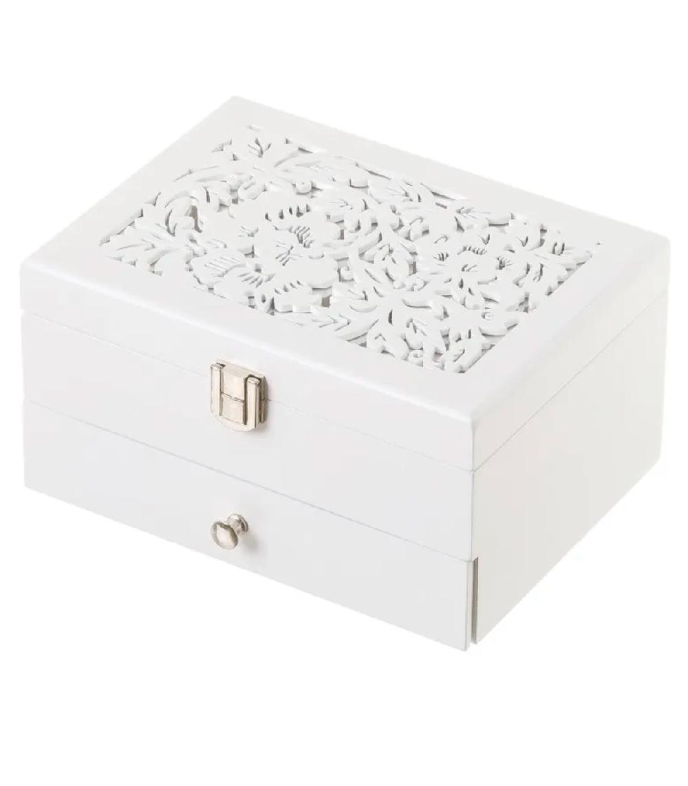 wadiga Coffret à bijoux en bois blanc taillé et miroir 19x14x10cm
