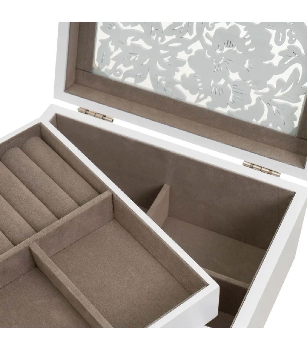 Wadiga Coffret à Bijoux En Bois Blanc Taillé Et Miroir 20x16x10cm