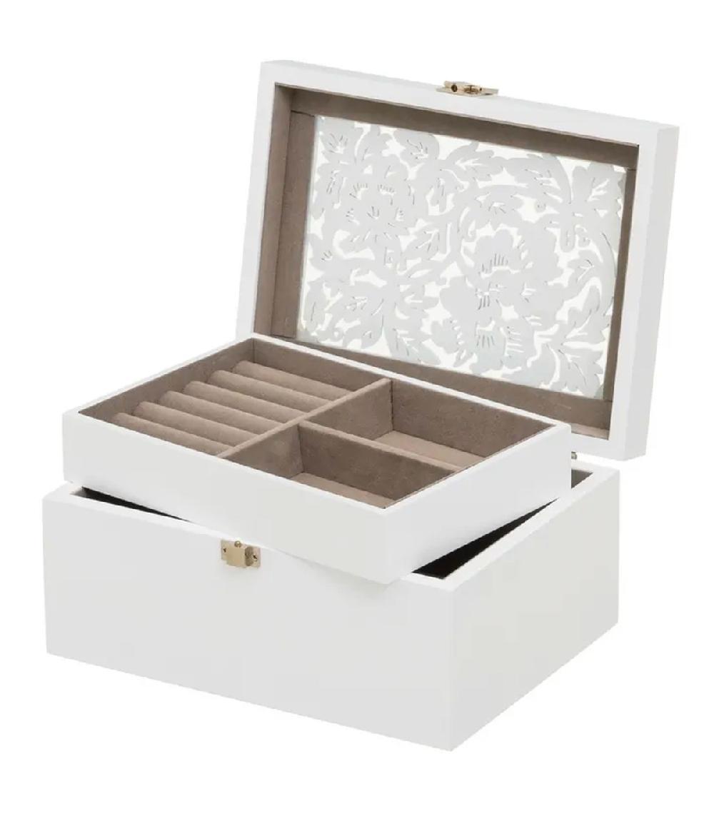 wadiga Coffret à bijoux en bois blanc taillé et miroir 20x16x10cm