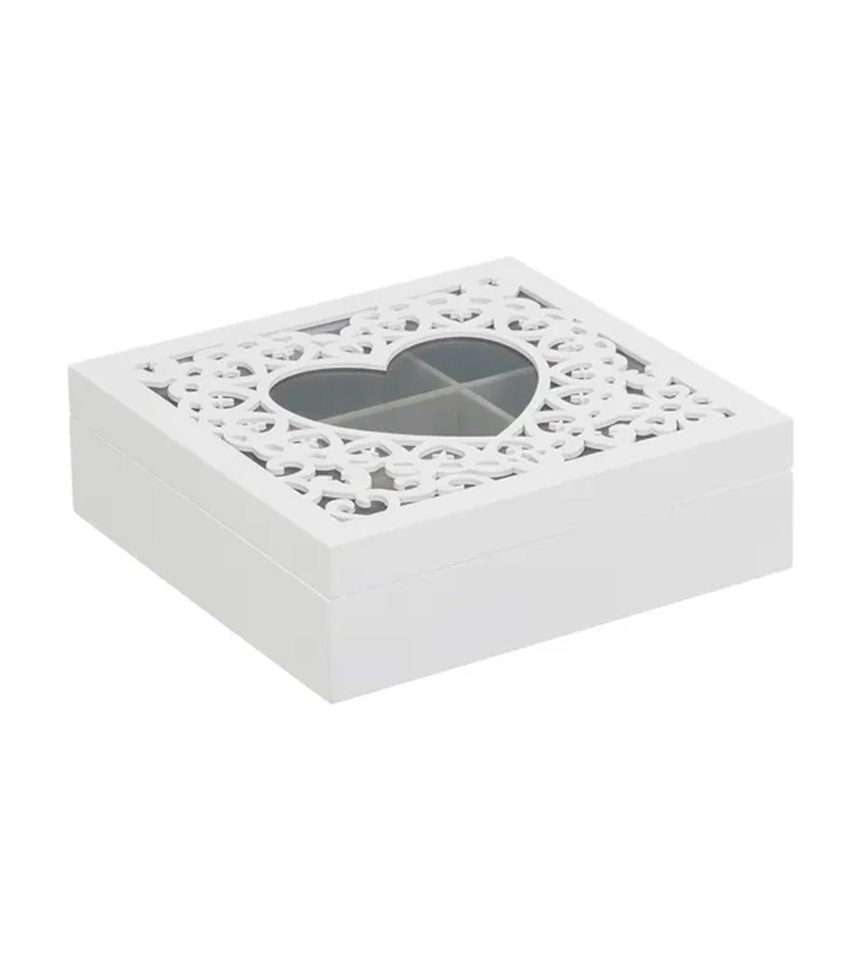 Wadiga Coffret à Bijoux En Bois Blanc Taillé Et Verre Coeur 23x23x7cm