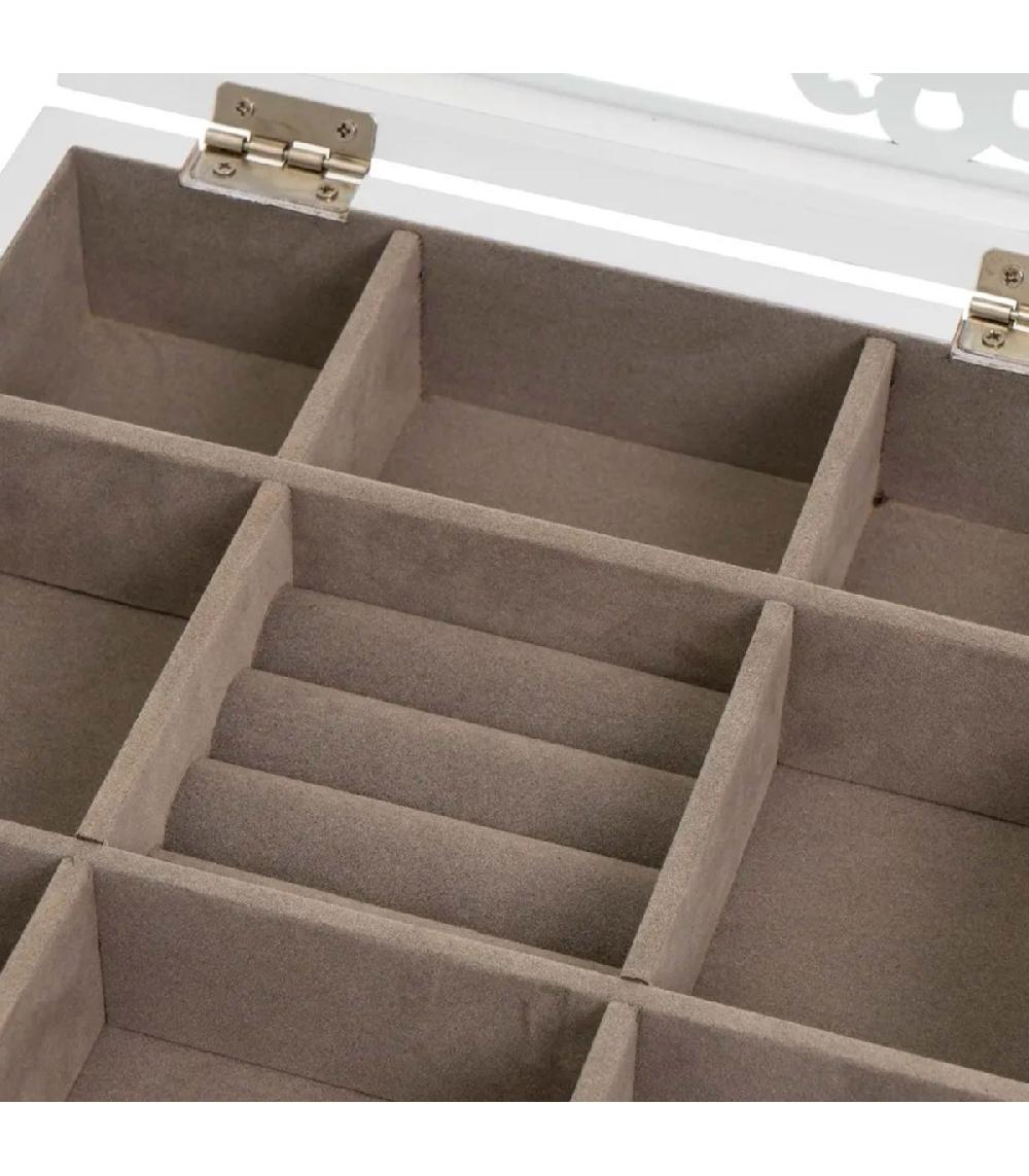 Wadiga Coffret à Bijoux En Bois Blanc Taillé Et Verre Coeur 23x23x7cm