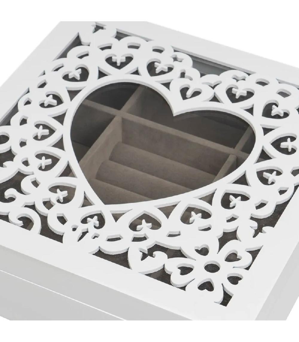 Wadiga Coffret à Bijoux En Bois Blanc Taillé Et Verre Coeur 23x23x7cm