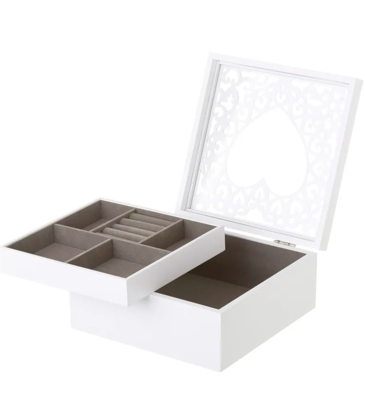 Wadiga Coffret à Bijoux En Bois Blanc Taillé Et Verre Coeur 23x23x10cm