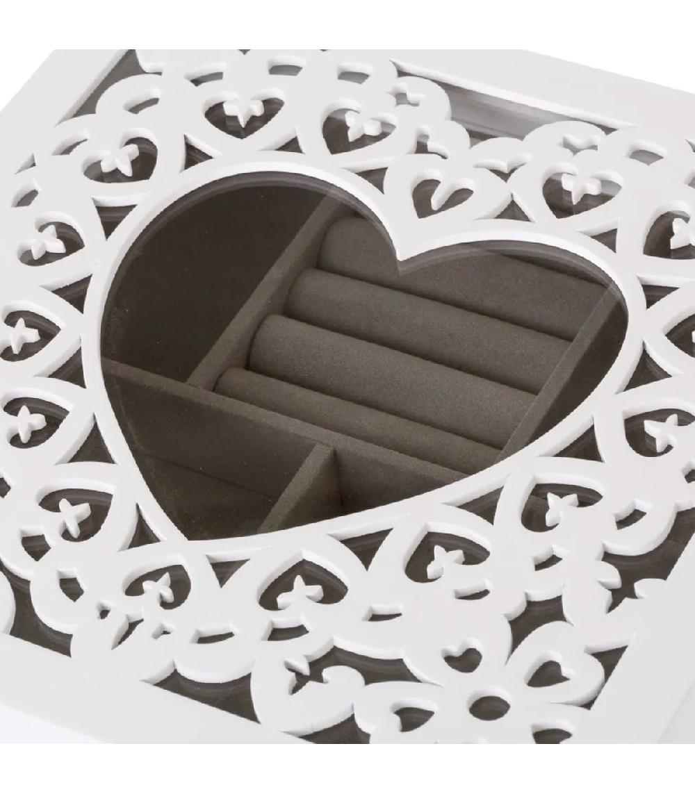 Wadiga Coffret à Bijoux En Bois Blanc Taillé Et Verre Coeur 23x23x10cm
