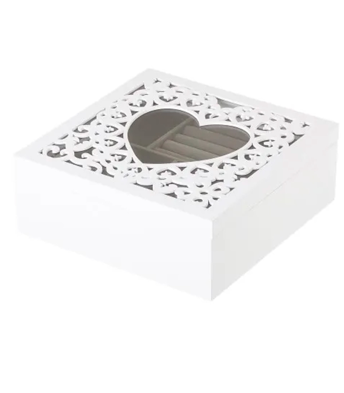 wadiga Coffret à bijoux en bois blanc taillé et verre coeur 23x23x10cm