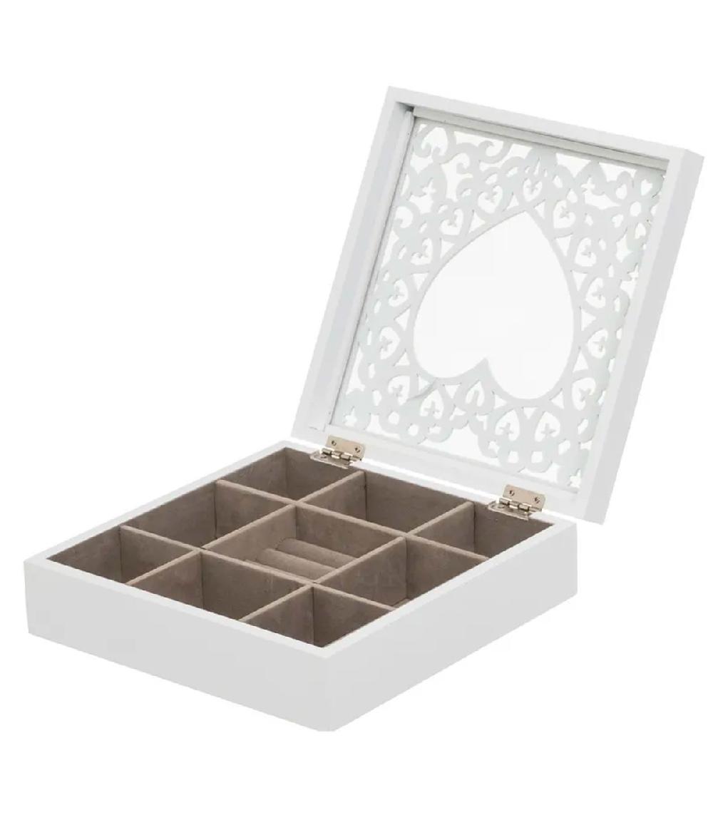 wadiga Coffret à bijoux en bois blanc taillé et verre coeur 23x23x7cm