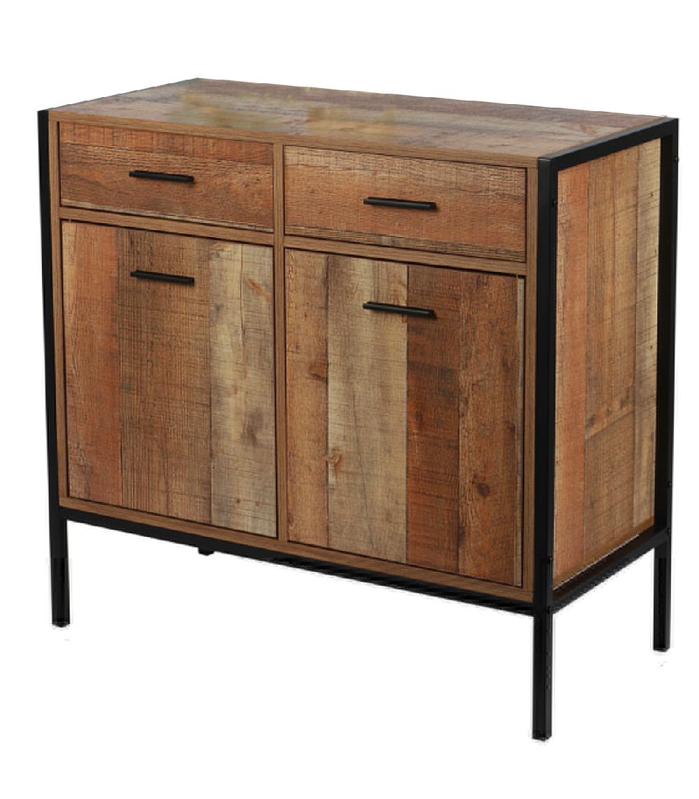 wadiga Commode bois et noir 2 tiroirs et 2 portes - 84x40x79cm