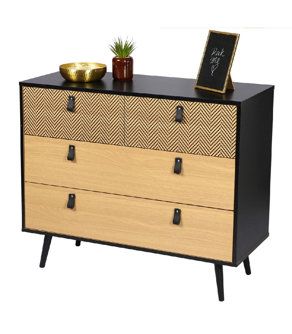 Wadiga Commode Bois Et Noir 3 Tiroirs Avec Motifs Chelsea - 99x40x82cm