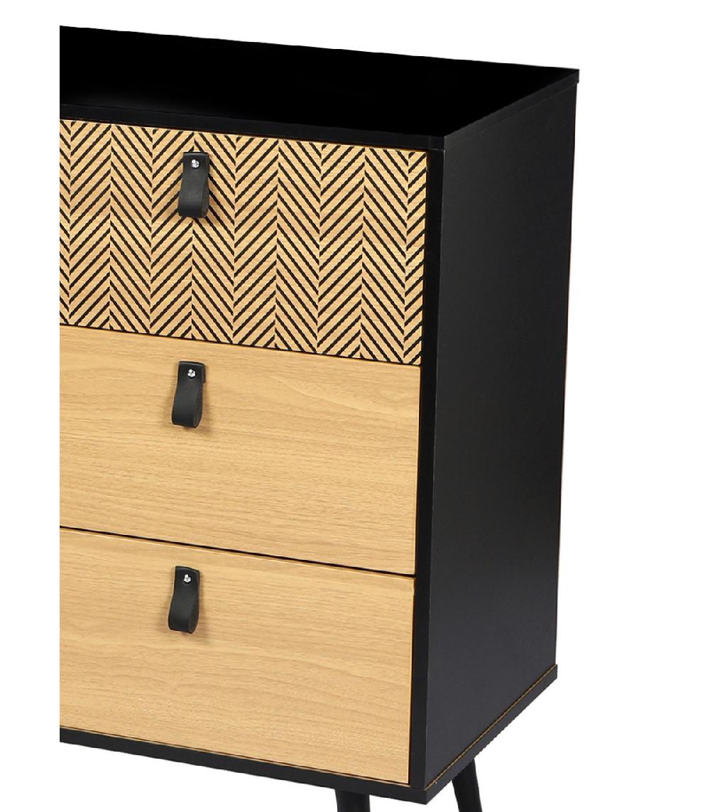 Wadiga Commode Bois Et Noir 3 Tiroirs Avec Motifs Chelsea - 99x40x82cm