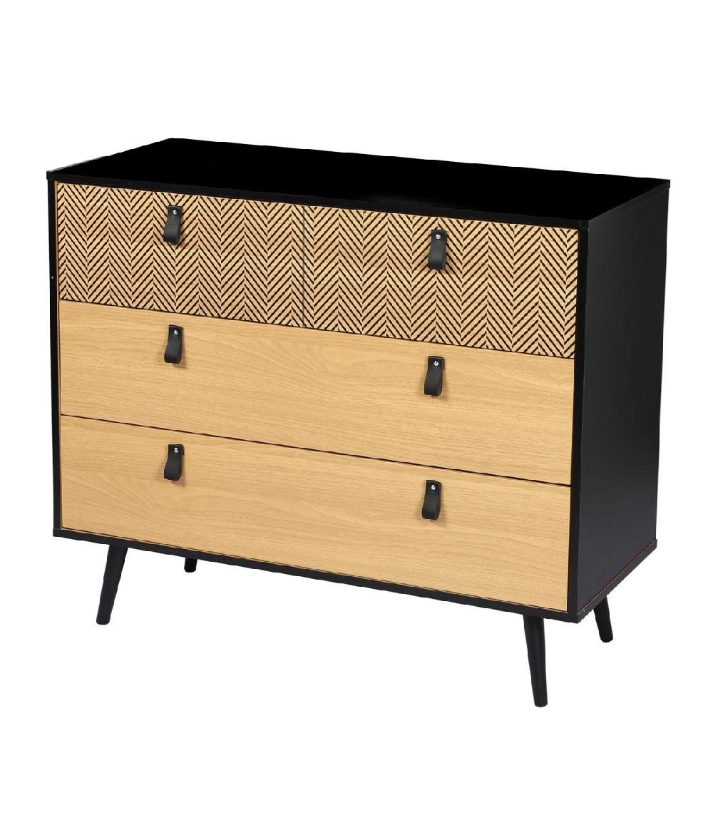 wadiga Commode bois et noir 3 tiroirs avec motifs Chelsea - 99x40x82cm