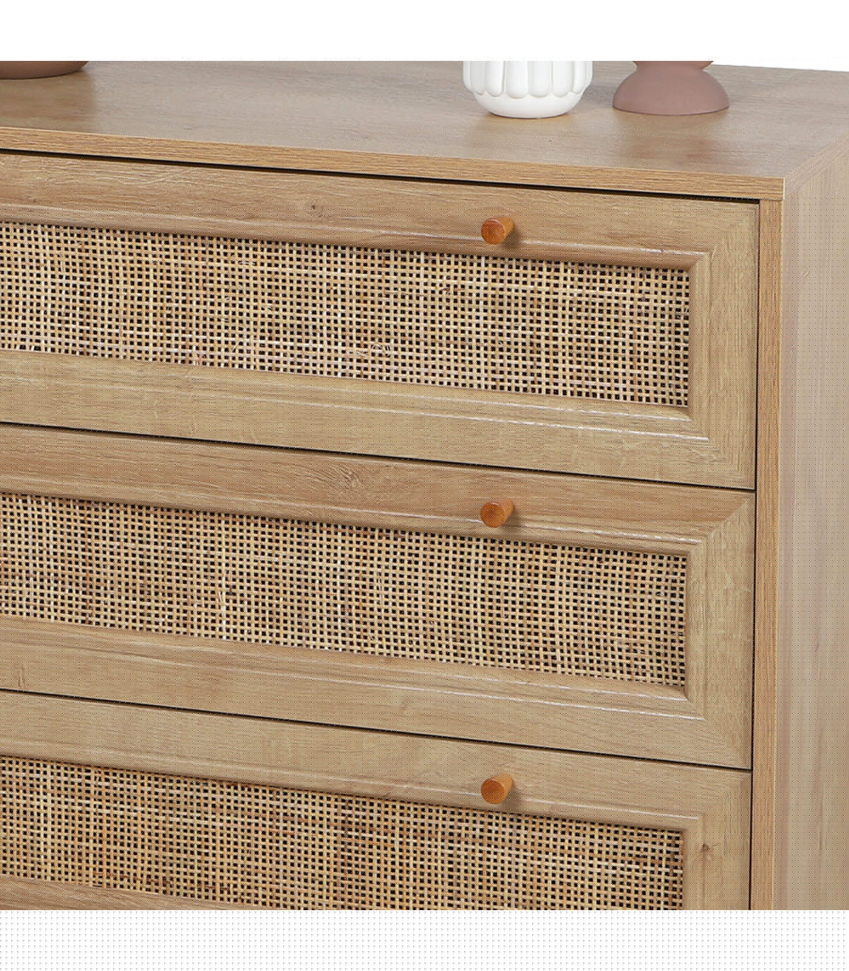 Wadiga Commode Effet Bois 3 Tiroirs Cannage Rotin 39x90x79cm