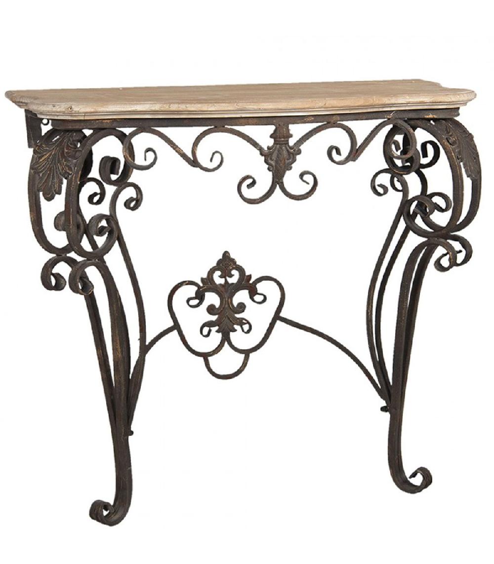 Wadiga Console Classique En Métal Sculpté Noir Et Plateau En Bois 88x43x79cm