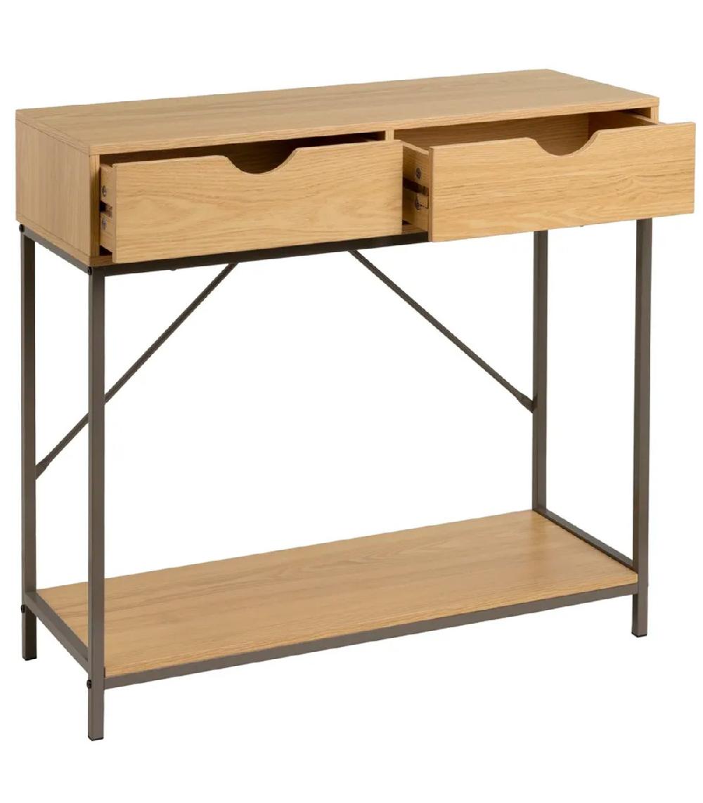 Wadiga Console D'entrée Couleur Bois Naturel Et Métal Gris 2 Tiroirs 80x30x75cm