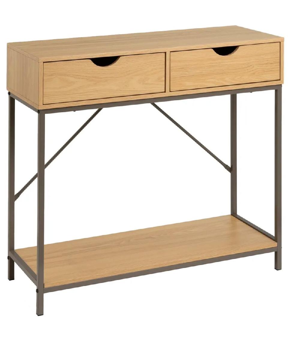wadiga Console d'entrée couleur bois naturel et métal gris 2 Tiroirs 80x30x75cm