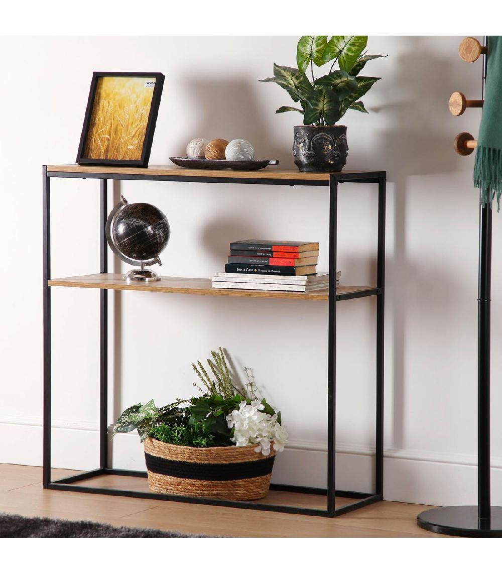 Wadiga Console D'entrée Effet Bois Et Métal Noir 90x30x90cm
