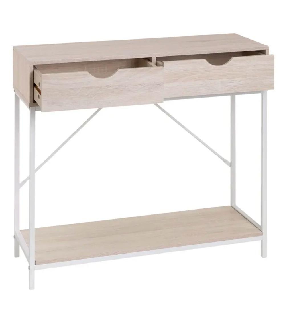 Wadiga Console Effet Bois Blanchi Et Métal Blanc 2 Tiroirs 80x30x75cm
