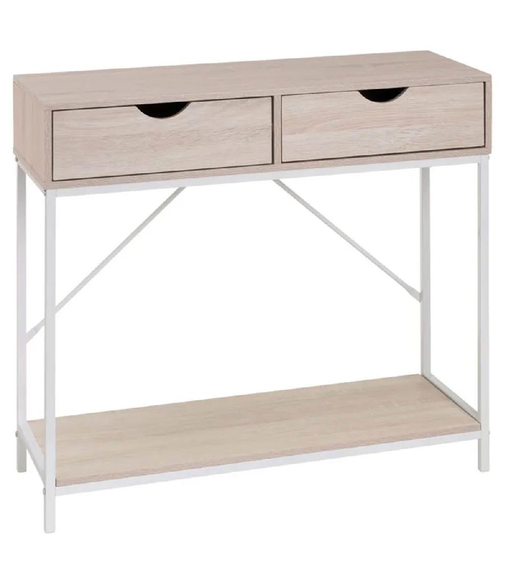 wadiga Console effet bois blanchi et métal blanc 2 Tiroirs 80x30x75cm