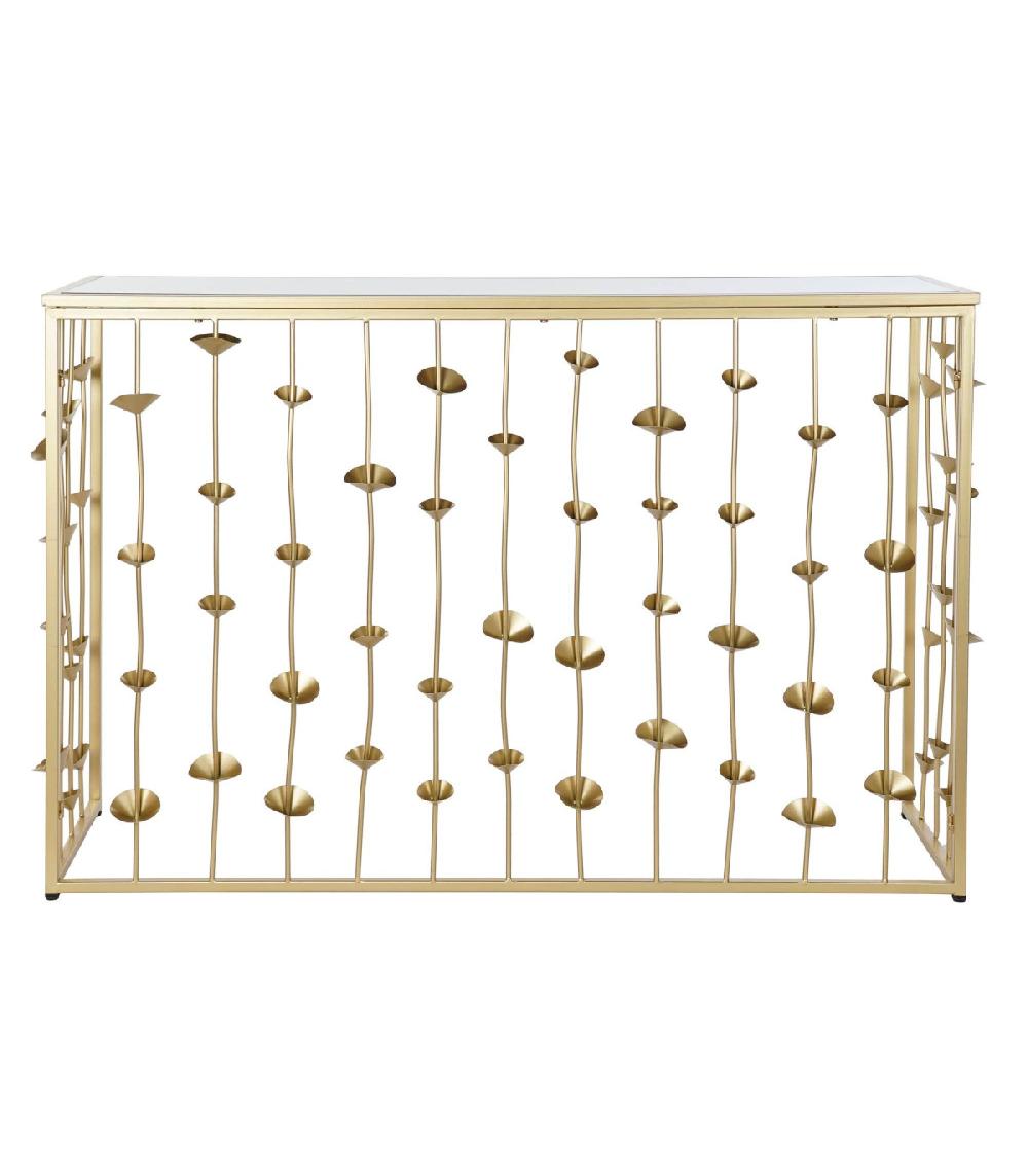 Wadiga Console En Métal Doré Et Plateau Miroir Fleurs - 126x43x81cm