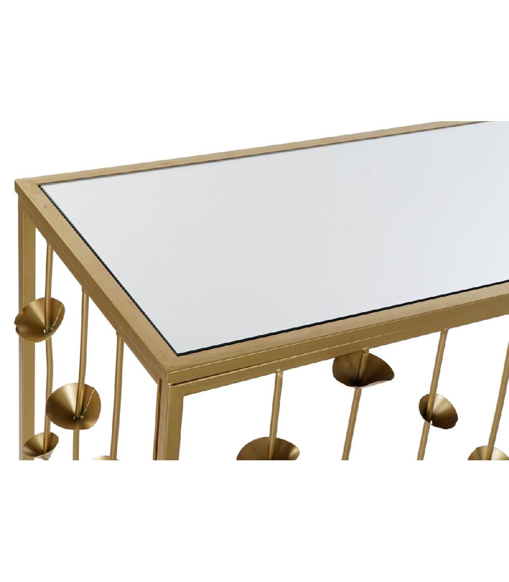 Wadiga Console En Métal Doré Et Plateau Miroir Fleurs - 126x43x81cm