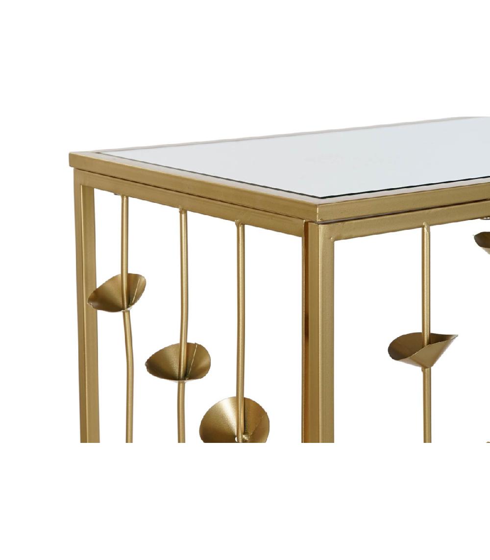 Wadiga Console En Métal Doré Et Plateau Miroir Fleurs - 126x43x81cm