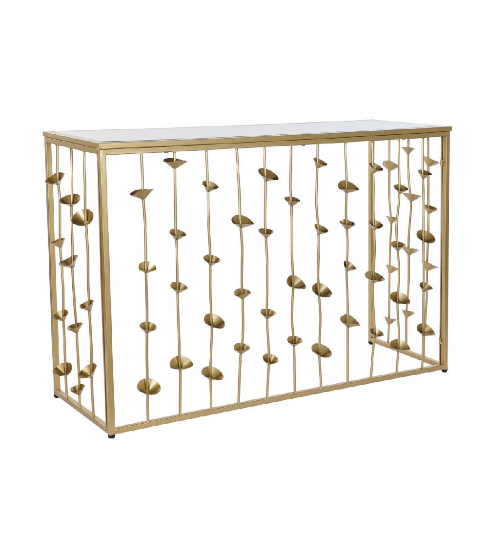 wadiga Console en Métal Doré et Plateau Miroir Fleurs - 126x43x81cm