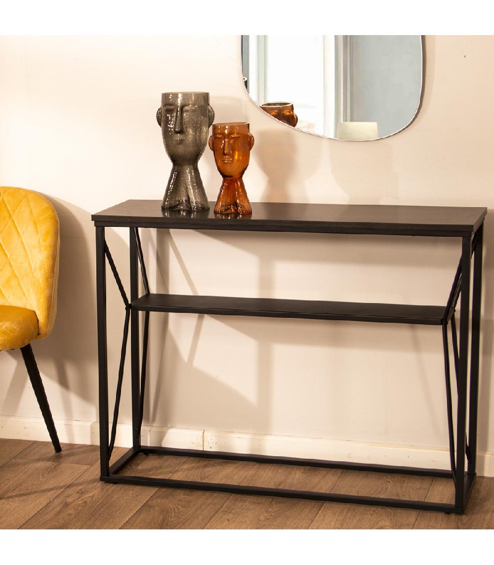 Wadiga Console En Métal Et Bois Noir 2 Plateaux 100x30x75cm