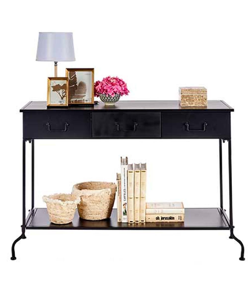 Wadiga Console En Métal Noir 3 Tiroirs Et 1 étagère 84 5x43x121cm