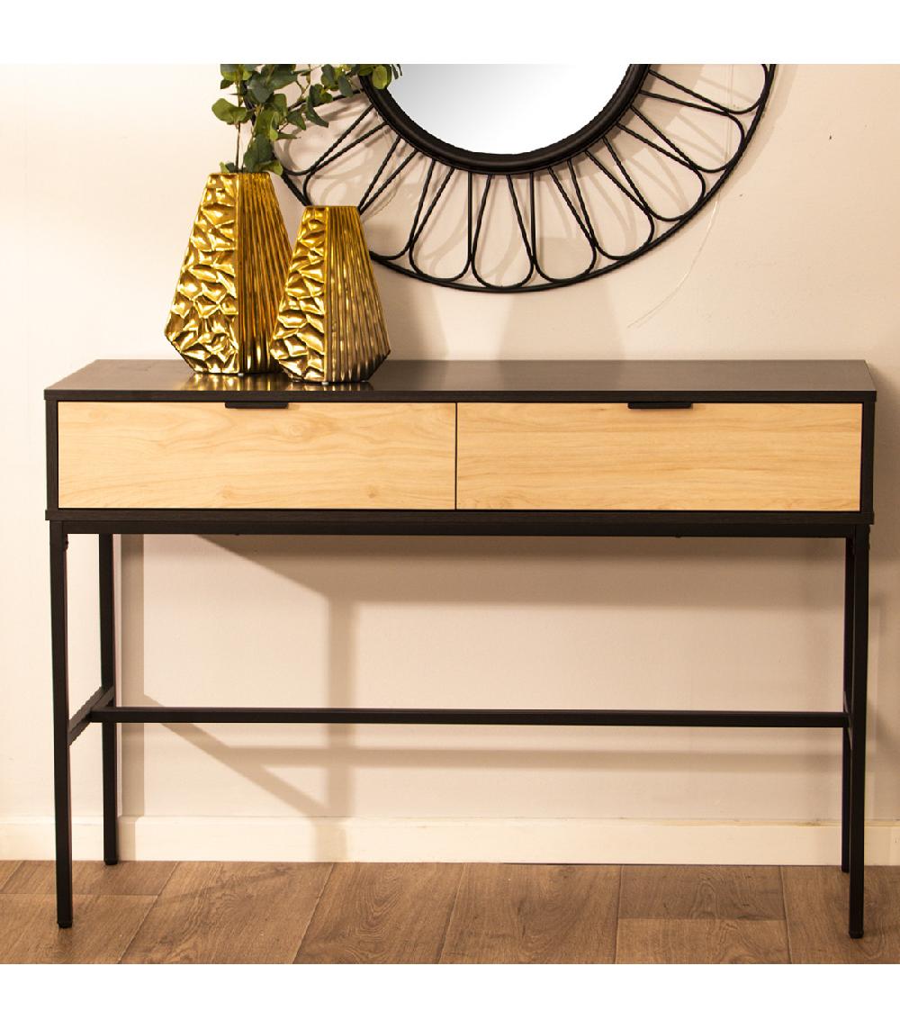 Wadiga Console En Métal Noir Et Bois 2 Tiroirs 120x35x80cm