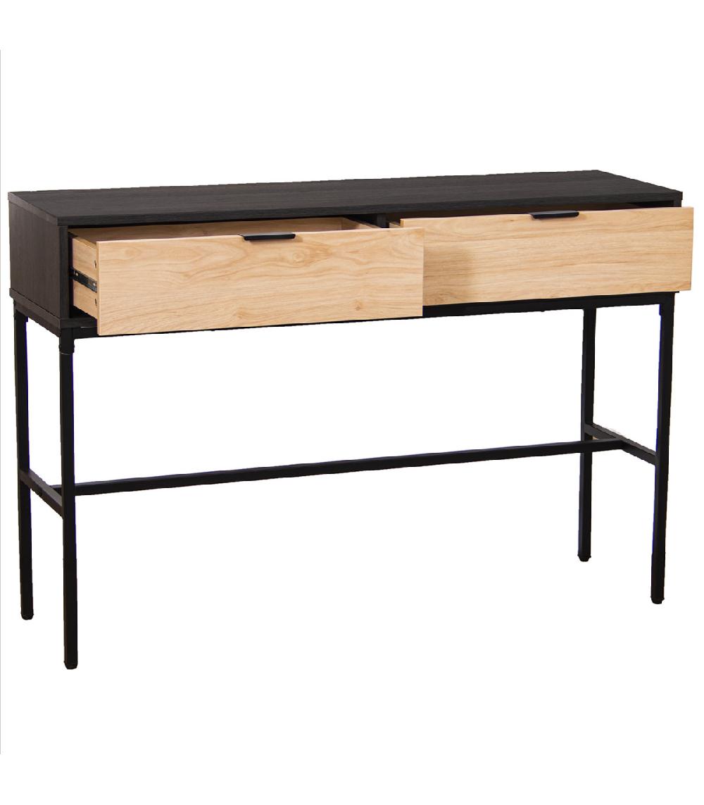 Wadiga Console En Métal Noir Et Bois 2 Tiroirs 120x35x80cm