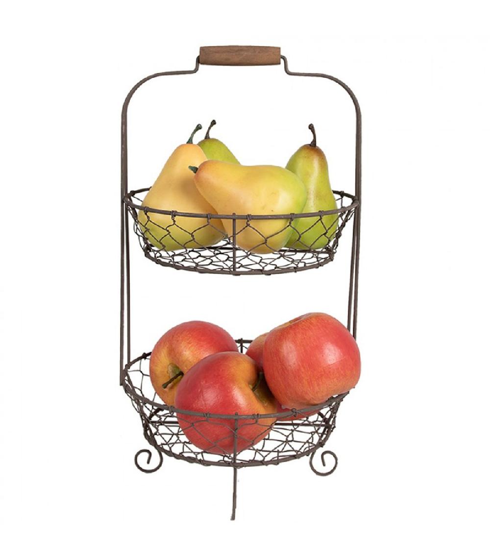 Wadiga Corbeille à Fruits En Fer Marron Et Poignée Bois 2 étages 20x20x38cm