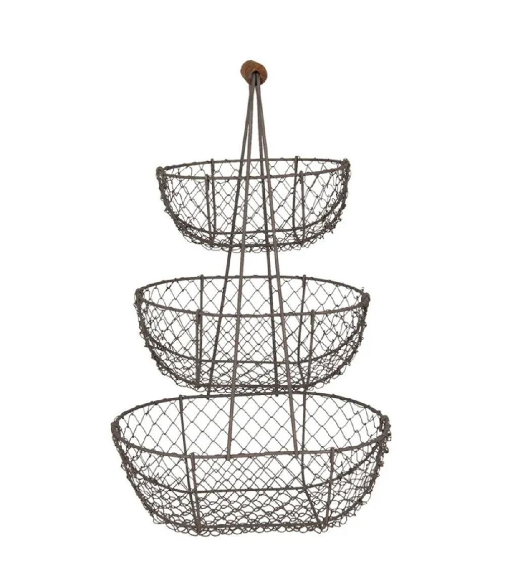 Wadiga Corbeille à Fruits En Fer Noir Et Poignée Bois 3 étages 30x22x48cm