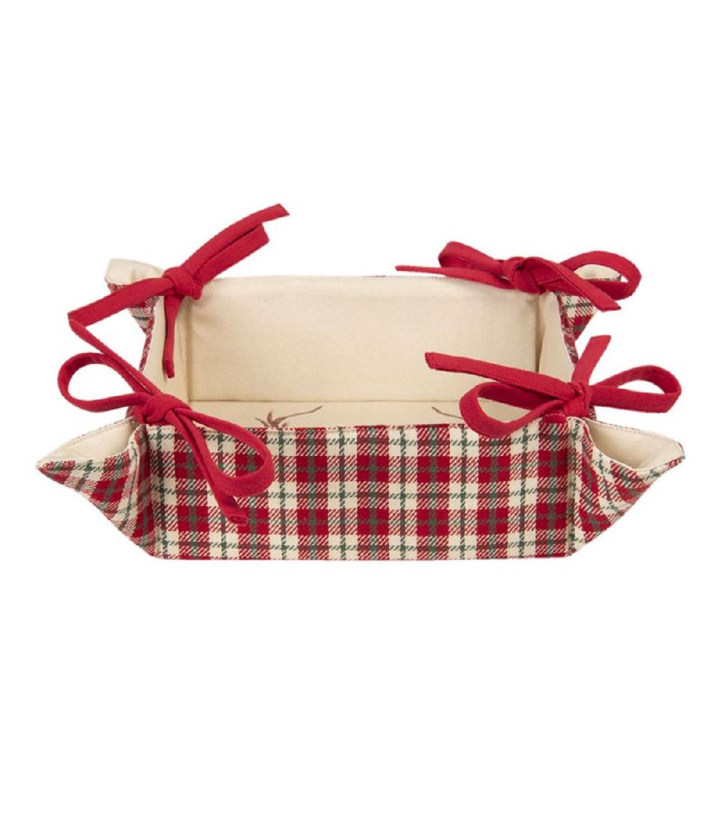 Wadiga Corbeille à Pain Carrée 100% Coton Beige Rouge Vert Cerf 35x35x8cm