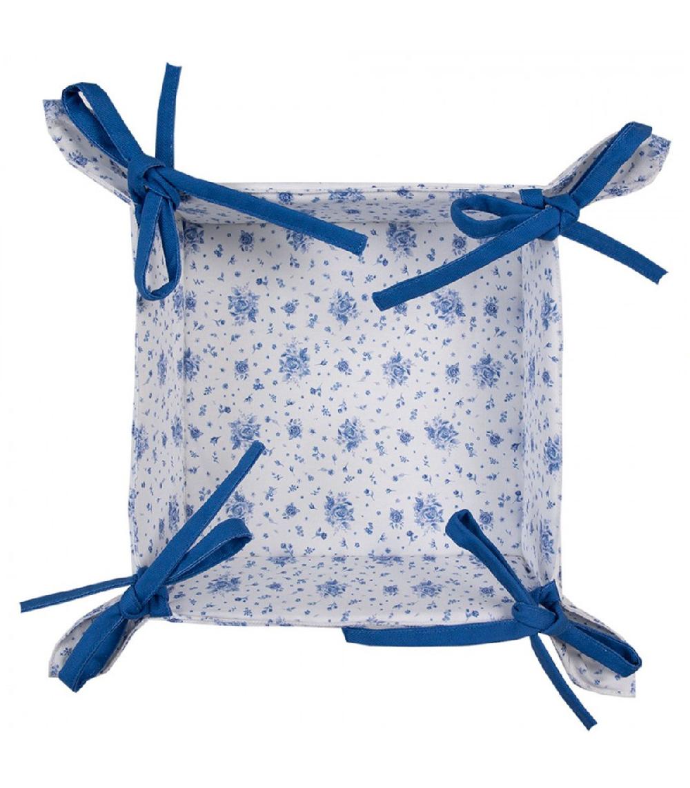 Wadiga Corbeille à Pain Carrée 100% Coton Blanc Motif Fleuri Bleu 35x35x8cm
