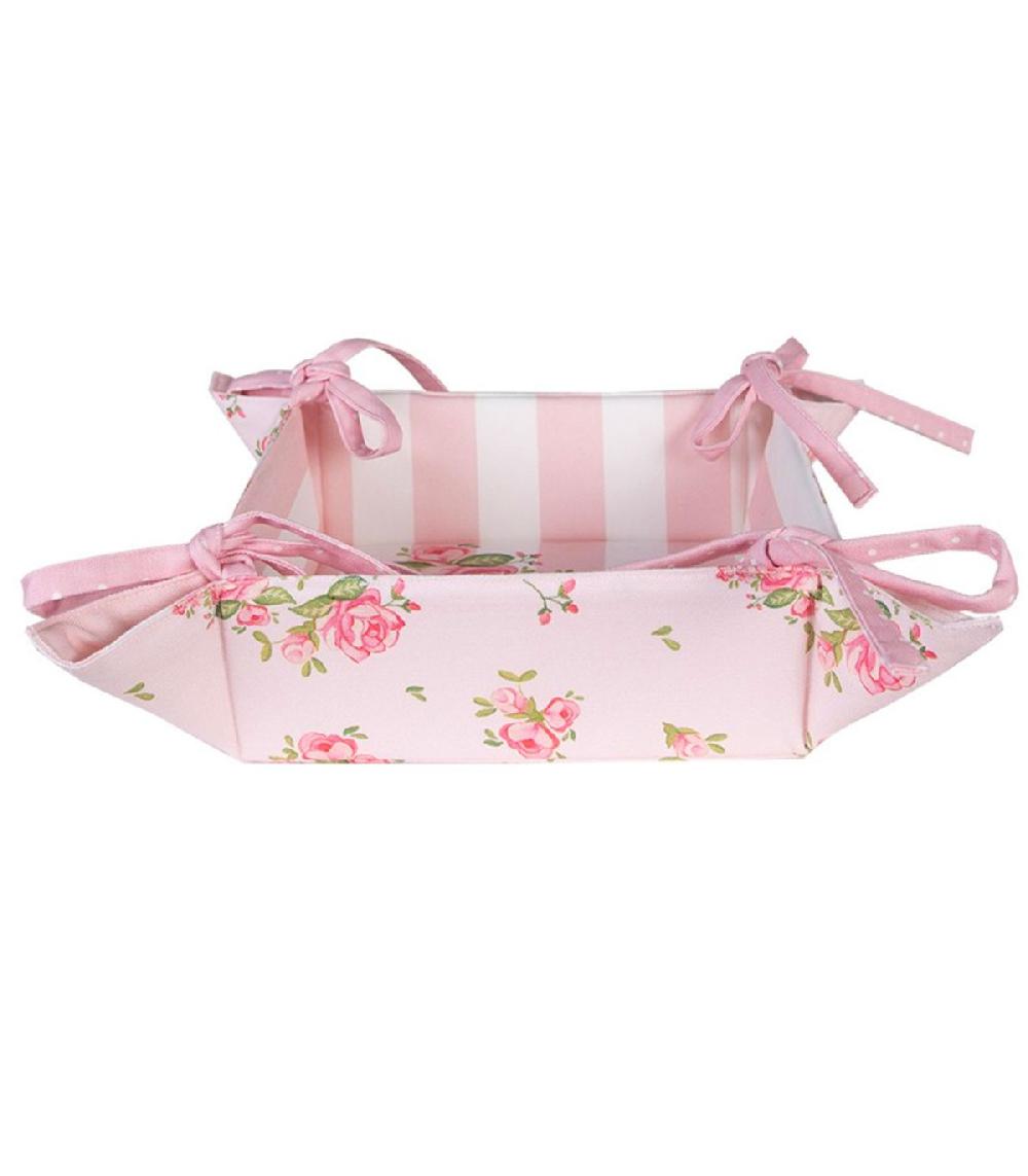 wadiga Corbeille à pain carrée 100% coton blanc motif fleuri roses 35x35x8cm