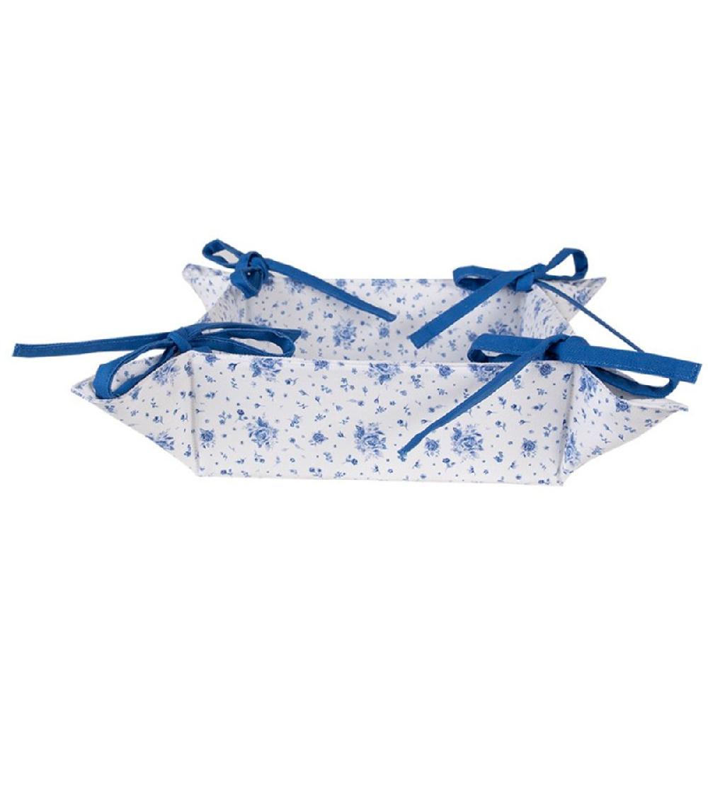 wadiga Corbeille à pain carrée 100% coton blanc motif fleuri bleu 35x35x8cm